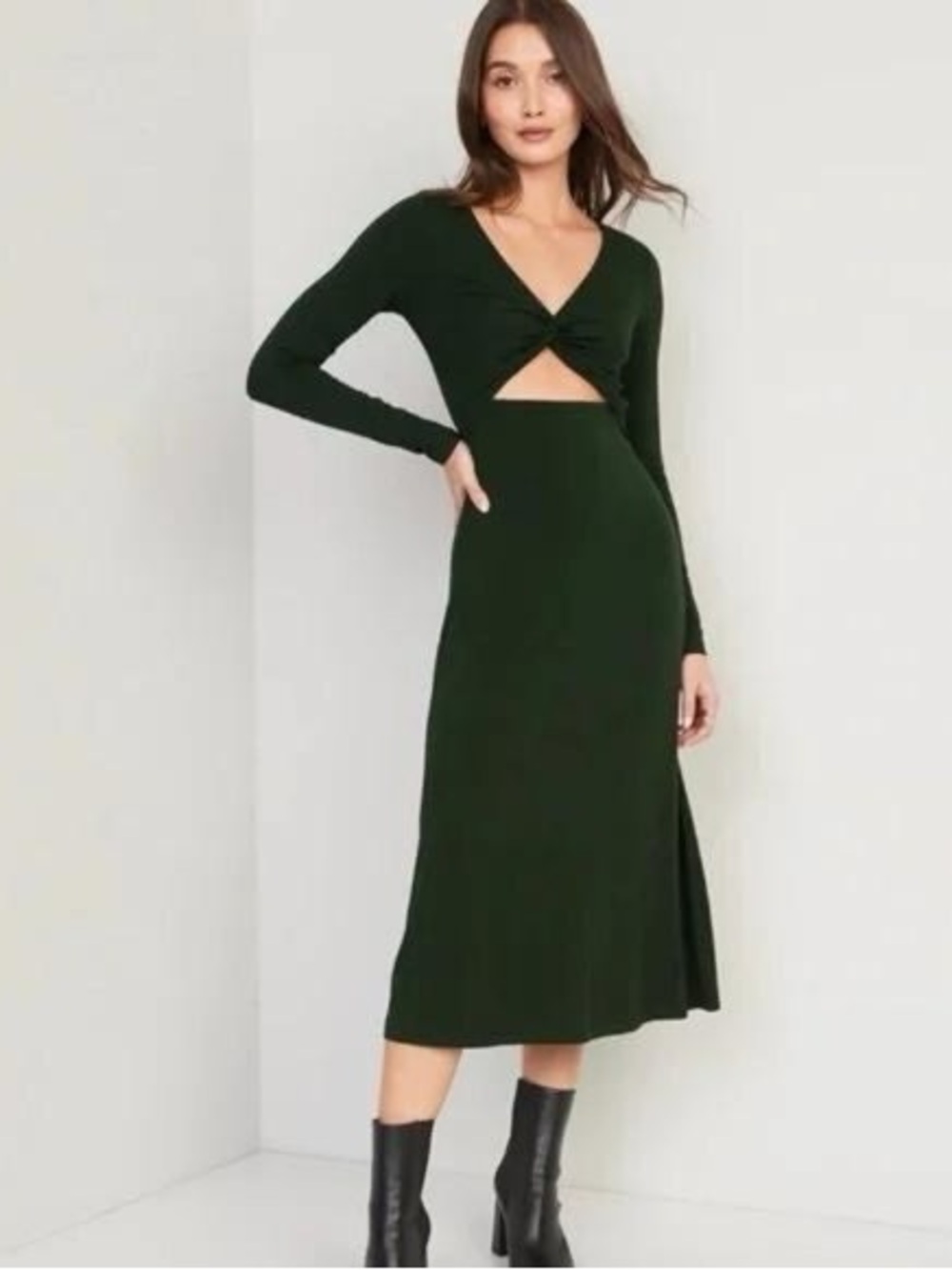 NWT Old Navy Fit & Flare Twist Front Cutout Midi Dress Large Tall Fall Green